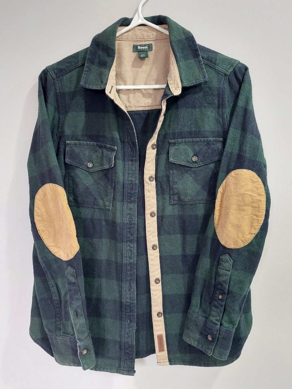 Roots Canada Women's XS Green Black Plaid Flannel Shirt Corduroy Elbow Patch